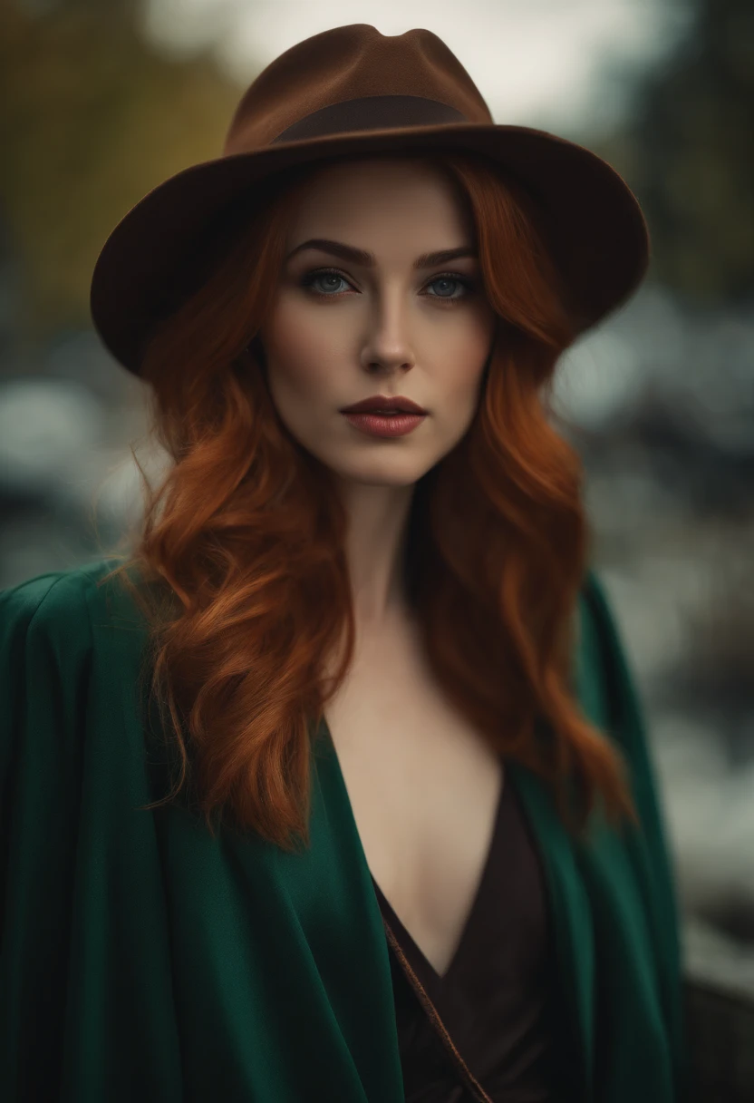 professionnel, (photo 4k:1.1) par (Jeremy Lipking:0.3), (Anna Dittmann:0.3), (Marque Ariane:0.3), (sharpness:1.3), high detail, Resistant (tight shirt:1.2), beautiful detailed face, a pretty woman with long red hair looks at the camera, ressemblant à l'actrice Katherine McNamara, Panasonic Lumix S Pro 50mm f/1.4, Anne Stokes, color stain, dark orange and dark emerald, ferrania p30, photo realistic, (jolie jeune femme:1.3), (attractive:1.1), (rougir:1.1), forme du corps en sablier, gros seins ronds, Hanches larges, in the background the city