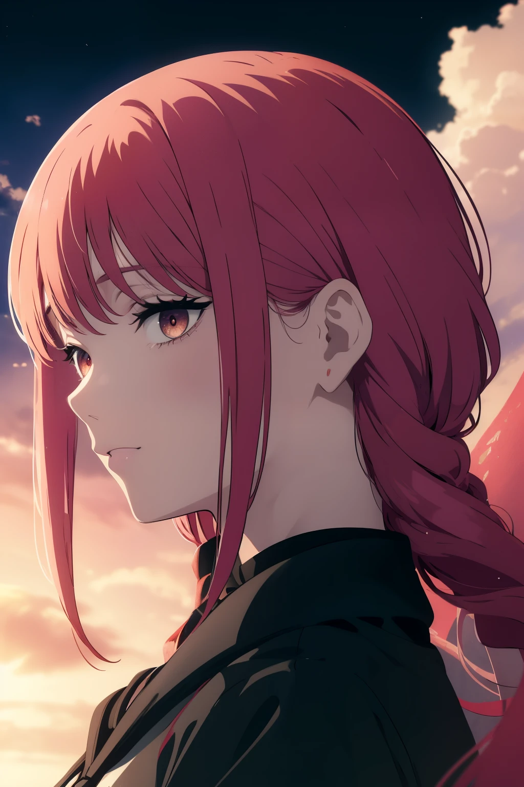 ((((Obra maestra, La mejor calidad, ultrahigh resolution)))), beautiful face, beautiful girl, 1girl, looking at viewer, standing, upper body, red hair, beautiful face, outside, wind blowing, detailed face, eyeliner, detailed red gradient eyes, shiny red eyes, black pupils, , face focus, pretty smile, happy, teeth, wide smile, beautiful side profile, side angle, wind in hair, [black background], stunning beaty, anime edit waifu
