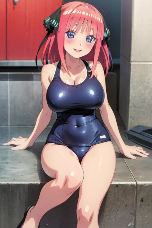 best quality, ultra-detailed masterpiece, anime art style, cute characters, nino nakano, one-piece swimsuit, large , blush, smile