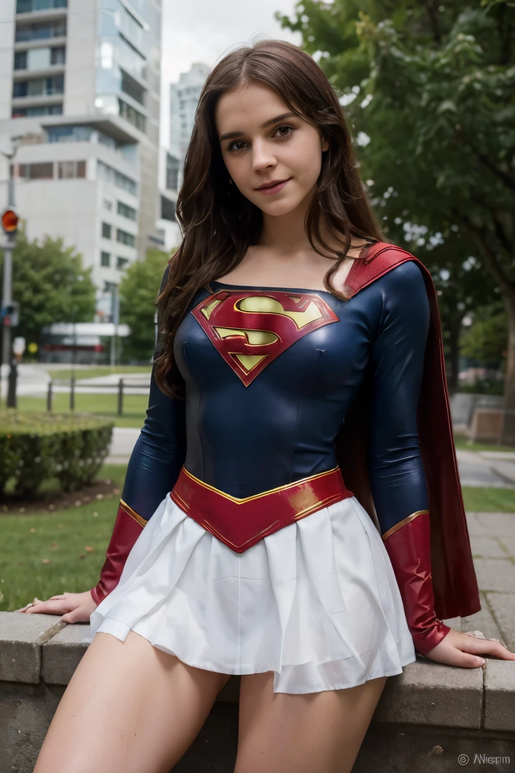 RAW, Best quality, high resolution, realistic, masterpiece: 1.3), emma watson as Supergirl, black hair, perfect nose,perfect lips, perfect eyes, smiling, detail :1.2),1 supergirl in short red skirt, shinny blue skinsuit, full body image detail, watery eyes, RAW, Best quality, high resolution, masterpiece, soft smile, sitting on the fence, spread legs wide open showing white lace panties, red skirt, show cameltoe, medium thick thigh, supergirl, outdoor Vancouver city, cloudy weather, full body picture.