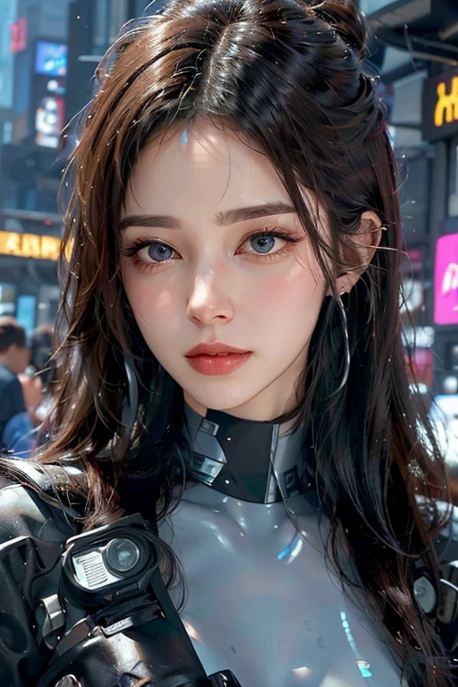 1girl, solo, piercing, parted_lips, long_hair, halo, lips, ear_piercing, earrings, realistic, jewelry, black_hair, nose, science_fiction, artist_Osaka, cable, looking_at_viewer, blue_eyes, eyelashes, portrait, grey_eyes, barcode, cyberpunk robots 