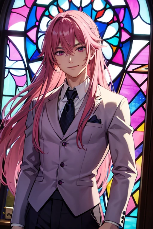 A handsome pink haired man with violet eyes with long hair in a magical student is smiling in front of a stained glass window