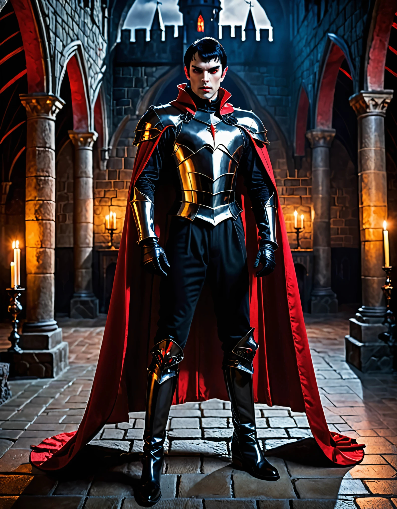 masterpiece, best quality, male focus, armored bodysuit, black bodysuit with red accents, gloves, boots, solo, solo focus, vampire, standing straight, menacing stance, cape, short hair, black hair, glowing red eyes, medieval castle interior, night, danger atmosphere, glance, full body with costume