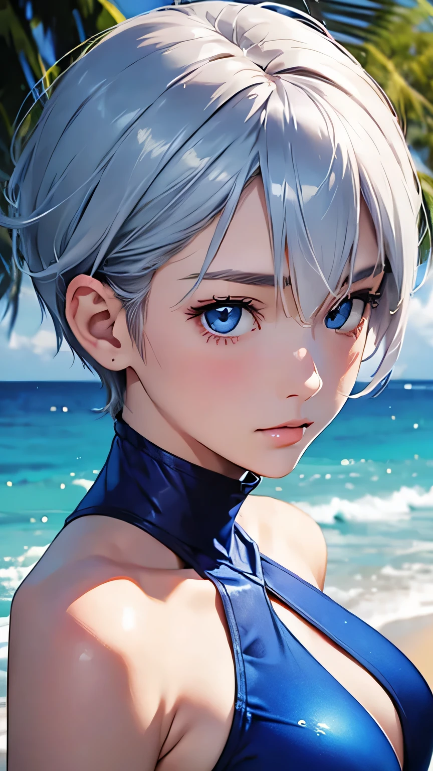 highest quality、Realistic、Women、Japanese、zoom、look up、cute、Ocean、cobalt blue eyes、Silver Hair、Short Hair、Swimwear、Face close-up、slender、Small breasts