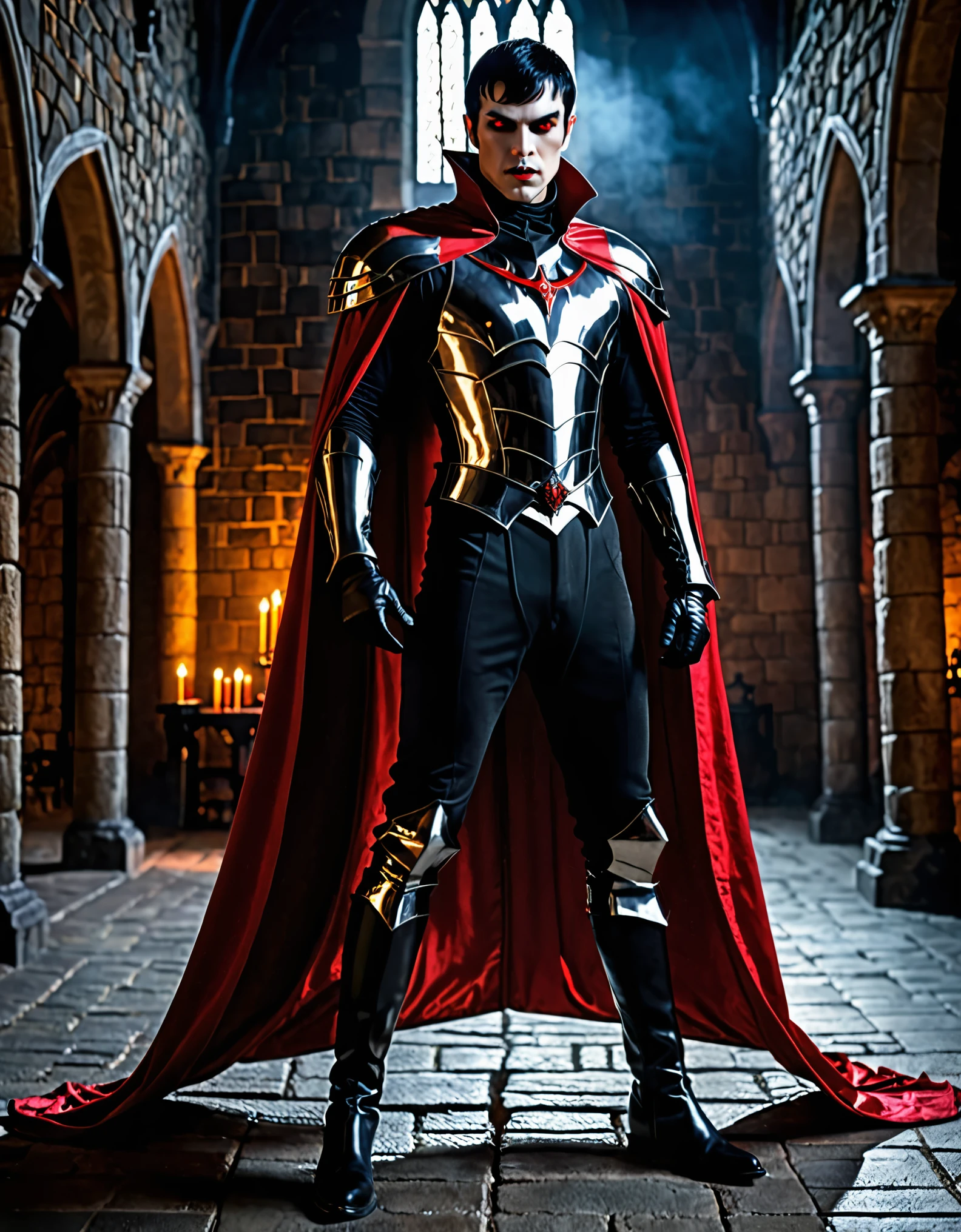 masterpiece, best quality, male focus, armored bodysuit, black bodysuit with red accents, gloves, boots, solo, solo focus, vampire, standing straight, menacing stance, cape, short hair, black hair, glowing red eyes, medieval castle interior, night, danger atmosphere, glance, full body with costume