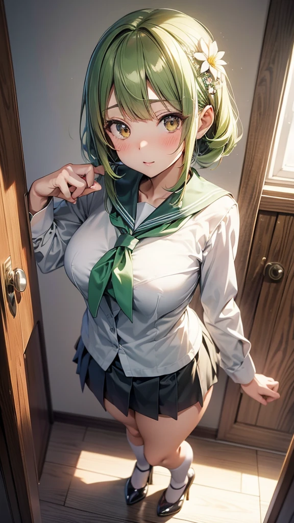 Maki: ore no imouto ga konna ni kawaii wake ga nai, 25-yers-old girl with short light green straight hair with flower hairpin on left bangs, light_brown_eyes, petite_body, average_, seducing look, sexy sar school_uniform with high heels, standind, class_room, sexy pose