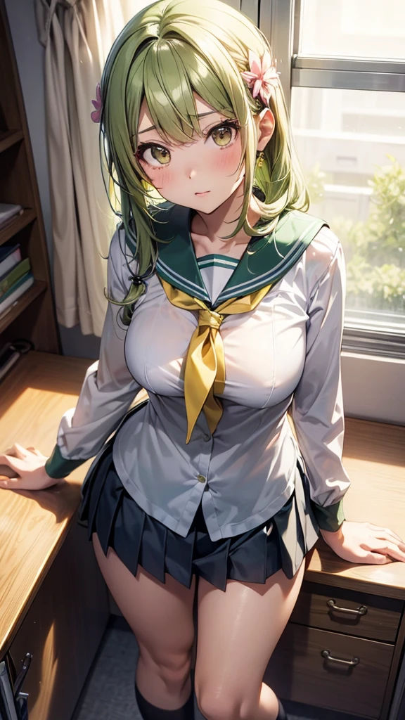 Maki: ore no imouto ga konna ni kawaii wake ga nai, 25-yers-old girl with short light green straight hair with flower hairpin on left bangs, light_brown_eyes, petite_body, average_breasts, seducing look, sexy sailor school_uniform with high heels, standind, class_room, sexy pose