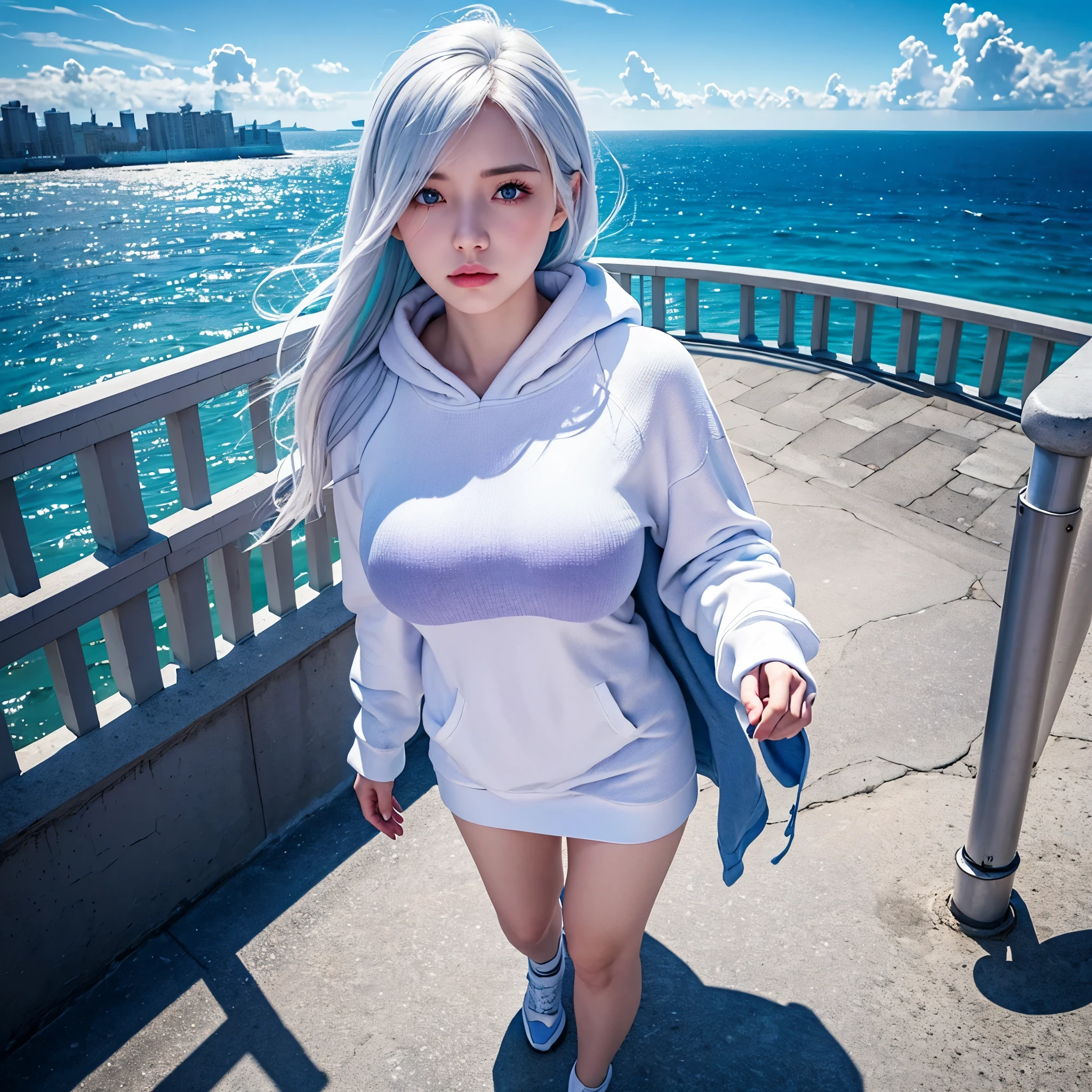 a woman wearing a long white cold sweatshirt with faint blue details, white hair with blue strands, purple eyes, walking on a platform with a view of the sea and buildings, blue sky with clouds, during the day, big breasts,,(woman solo)ultra resolution, very detailed, HDR, masterpiece, 8K hd
