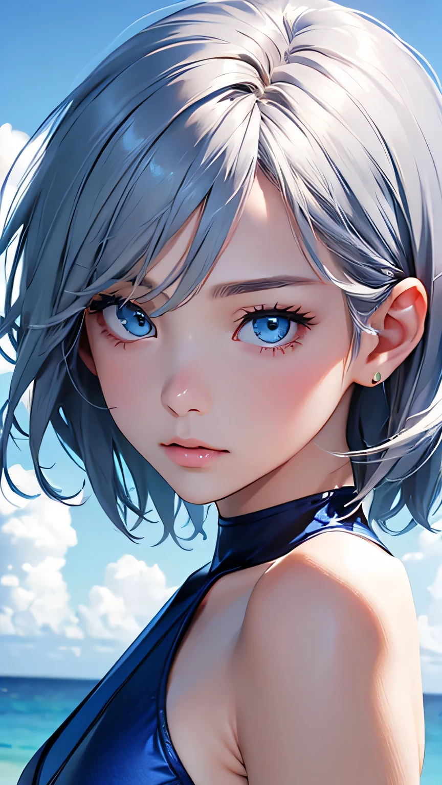 highest quality、Realistic、Women、Japanese、zoom、look up、cute、Ocean、cobalt blue eyes、Silver Hair、Short Hair、Swimwear、Face close-up、slender、Small breasts