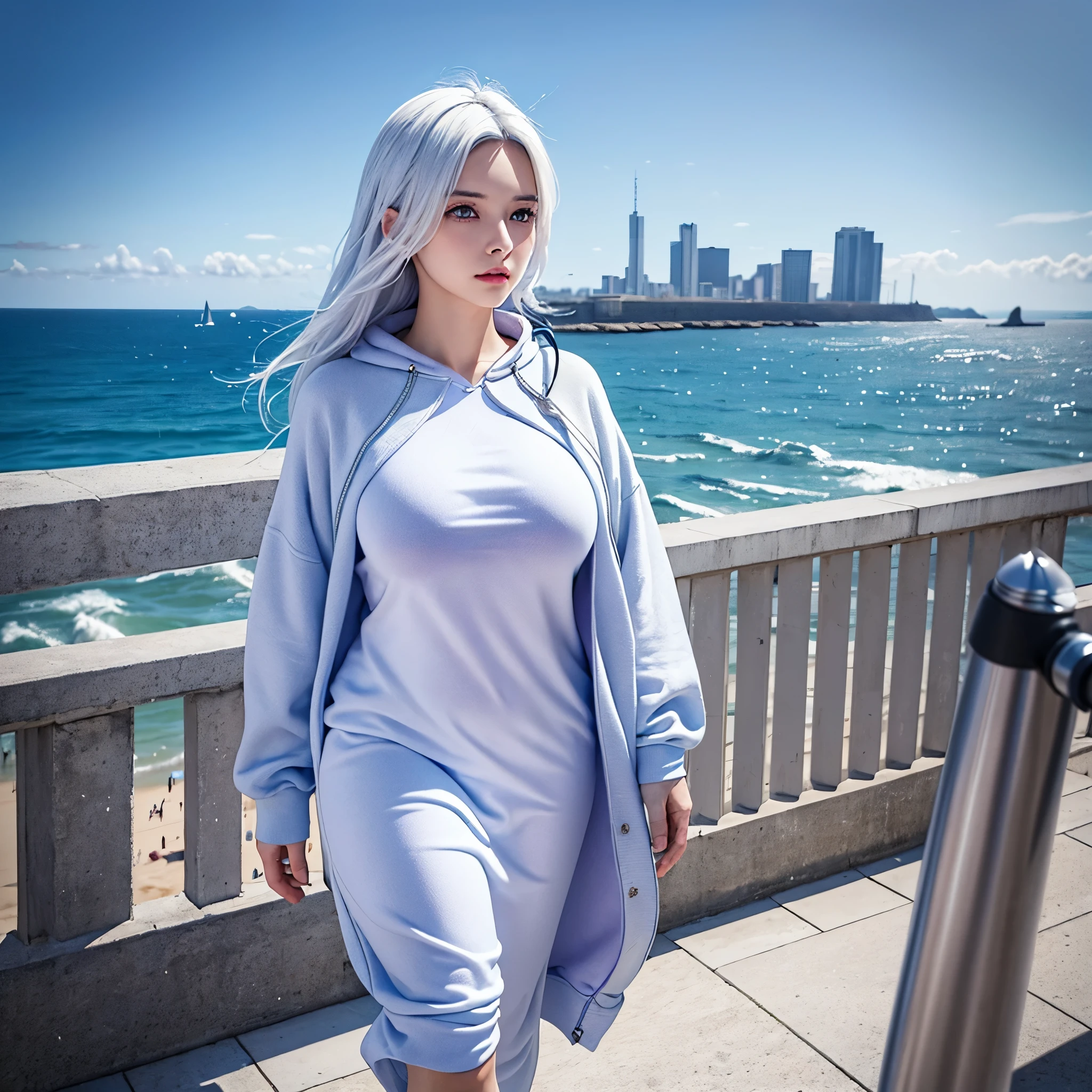 a woman wearing a long white cold sweatshirt with faint blue details, white hair with blue strands, purple eyes, walking on a platform with a view of the sea and buildings, blue sky with clouds, during the day, big breasts,,(woman solo)ultra resolution, very detailed, HDR, masterpiece, 8K hd
