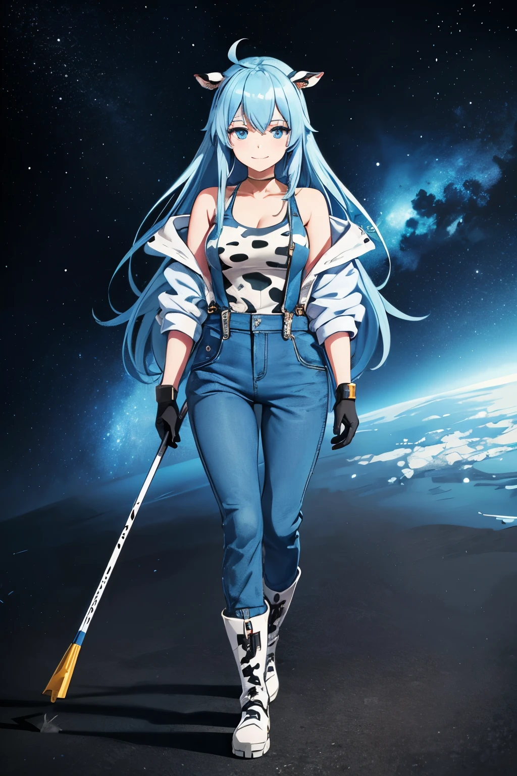 Anime Art、Space SF Merchant、Full body portrait、A glamorous woman with cow ears, about 185 cm tall, about 45 years old, wearing a cow print tank top, blue hooded jacket and blue overalls, walking slowly、Long blue hair、Blue Eyes、Smiling、gloves、boots