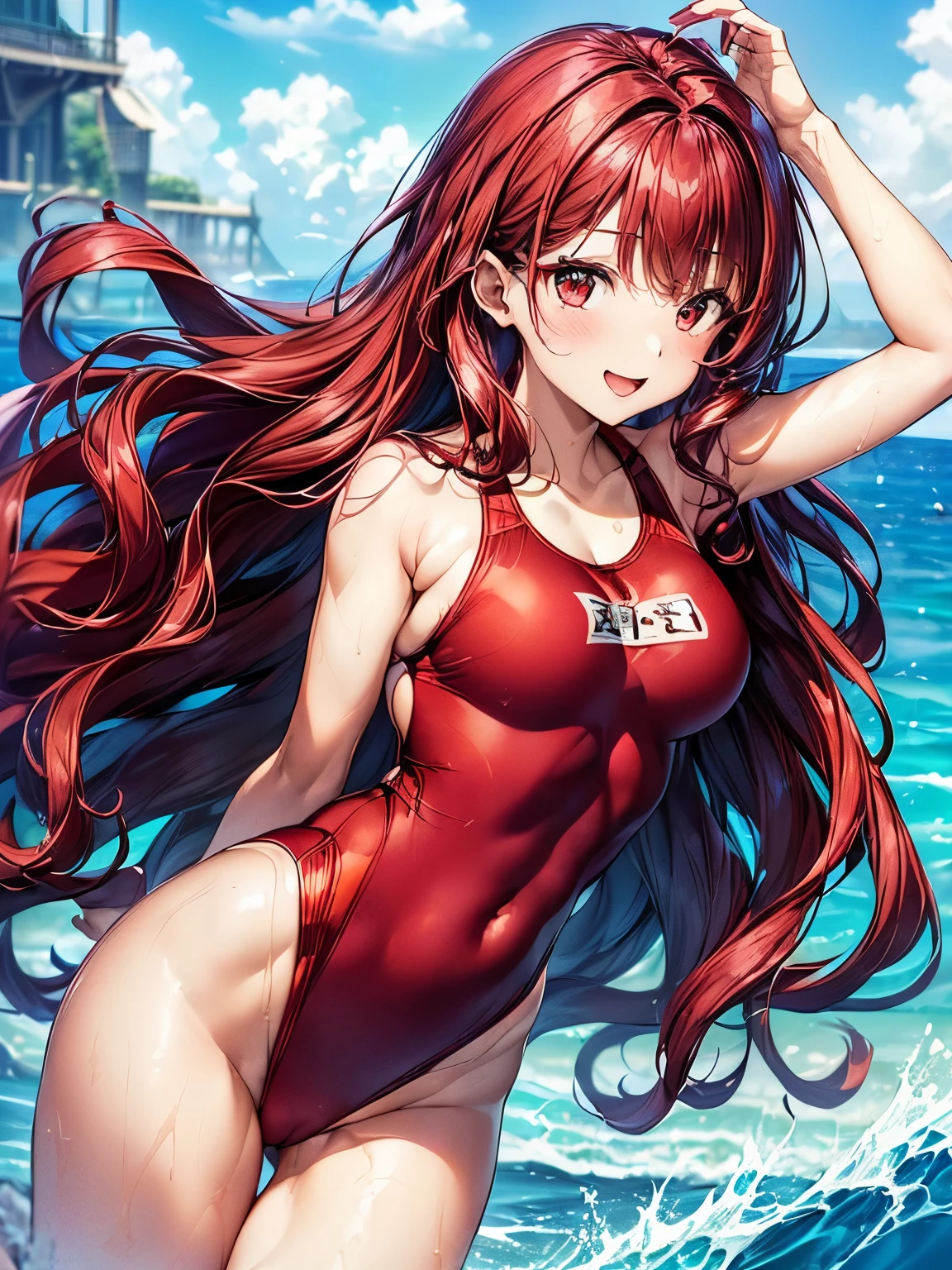 highest quality、Nice sexy body、One Woman、(solo)、((Beautiful busty woman:1.6))、(((Woman with dark red hair:1.3)))、Long hair woman、(((Woman with wavy hair:1.3)))、(((Woman in red competitive swimsuit:1.3)))、smile、Resort Beach、Light blue sea、(((A woman floating on a swim ring in the sea)))