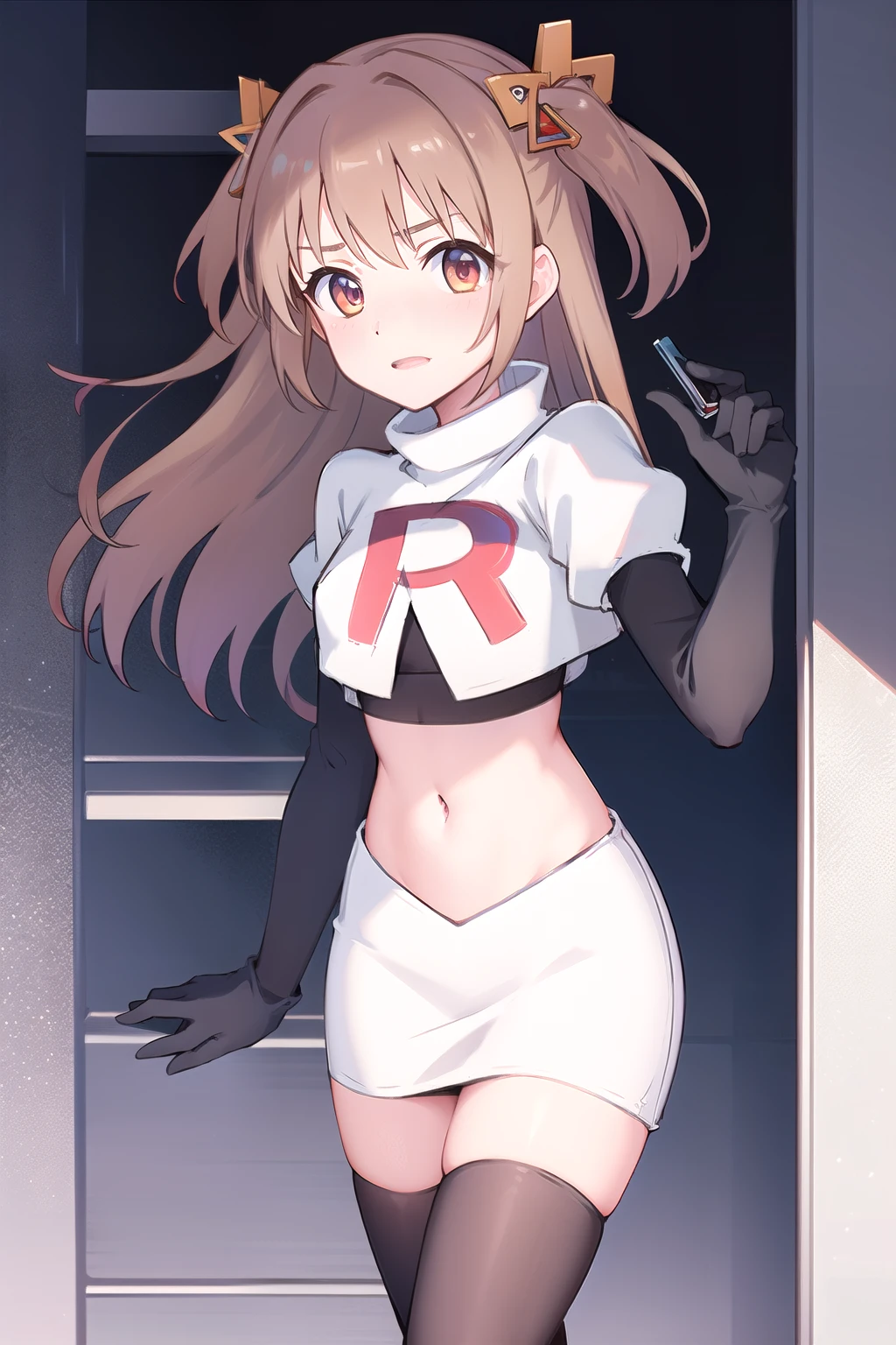 nozomi_routine,1girl, solo, long hair, two side up, holding, hair ornament, looking at viewer,yellow bow, hair ornament, team rocket,team rocket uniform,white skirt,red letter R,crop top,black thigh-highs,black elbow gloves