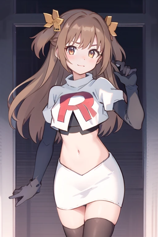nozomi_routine,1girl, solo, long hair, two side up, holding, hair ornament, looking at viewer,yellow bow, hair ornament, team rocket,team rocket uniform,white skirt,red letter R,crop top,black thigh-highs,black elbow gloves