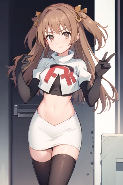 nozomi_routine,1girl, solo, long hair, two side up, holding, hair ornament, looking at viewer,yellow bow, hair ornament, team rocket,team rocket uniform,white skirt,red letter R,crop top,black thigh-highs,black elbow gloves