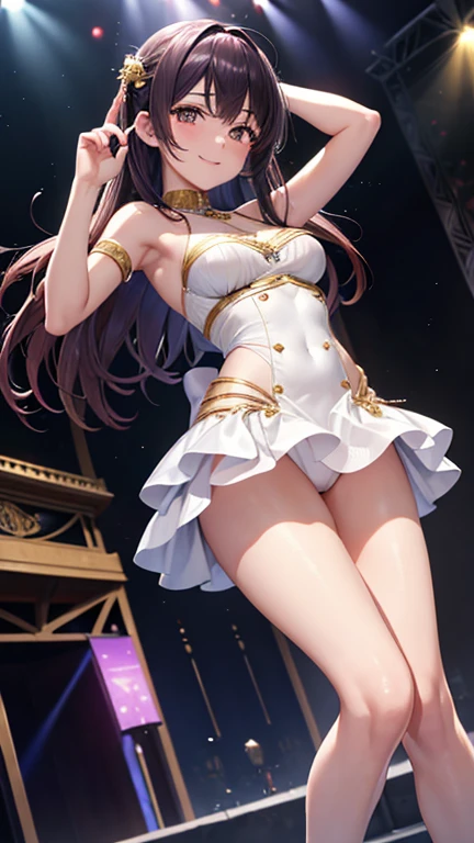 ((of the highest quality、high resolution、Fondo de pantalla CG Unity 8K altamente detallado))、cara detallada、cuerpo perfecto、belleza incomparable、Hermosos 、abre tus piernas、shy smile、I'Te estoy seduciendo、cantar、bailar、((Se levanta la falda y muestra las bragas en el escenario en vivo))