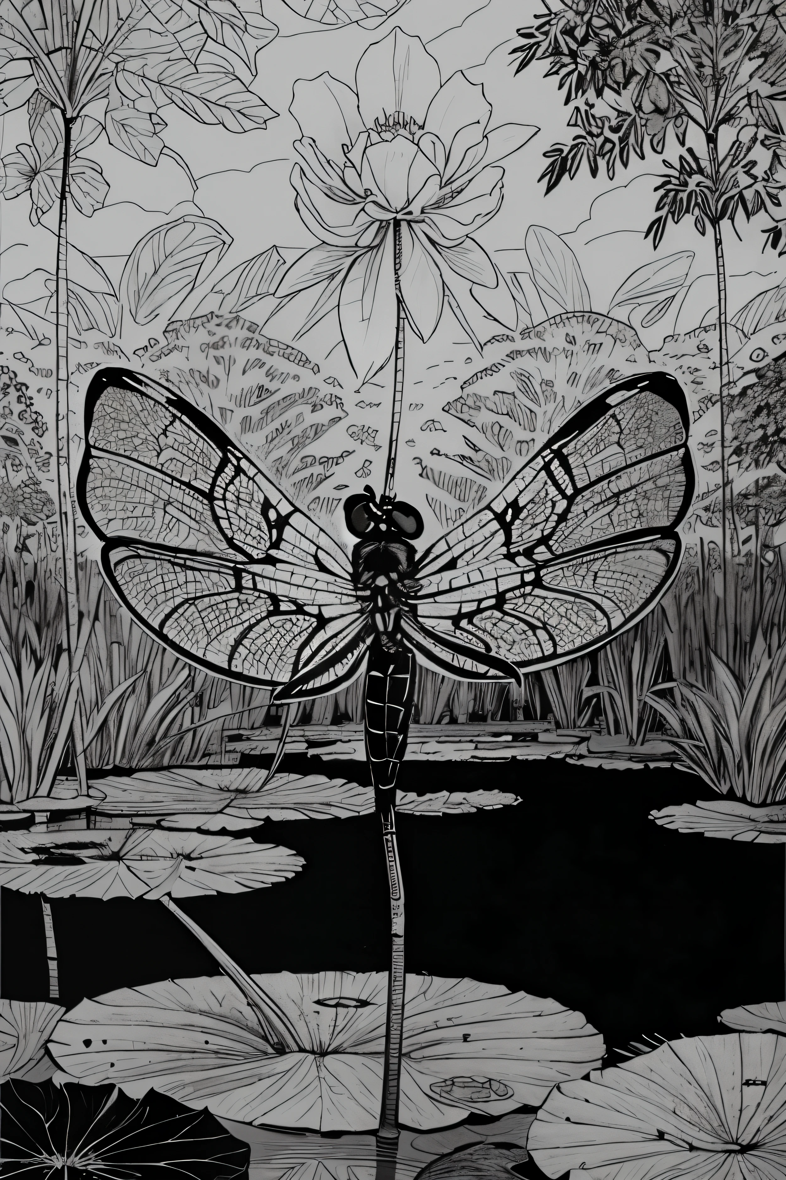 a production ready flat coloring black and white drawing of a beautiful cartoon like dragon fly hovering over a lillypad in a pond, with the background a beautiful floral forrest, line art illustration, flat coloring