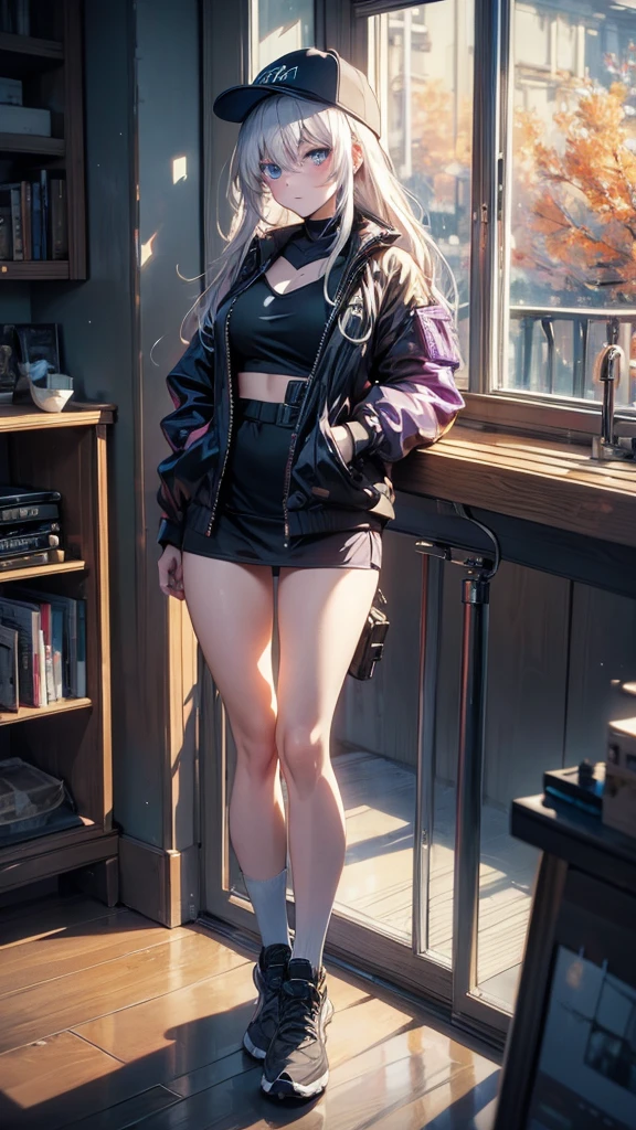 masterpiece, best quality, 4k, UHD, mishoujo, beautiful eyes and detailed face, illustration, beautiful detailed, high resolution illustration, glowing_white_particles, 1girl, white hair, light purple eye, hair over one eye, short sidetail, baseball cap,expressionless, window shade, black jacket, chest rig, cyberpunk, techwear,(Impressionism:1.4), full body portrait