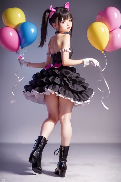 (holding balloons), (((full body))), real photo,  girl, Brat female , (((drawers))), ((looking back at me)), twin tails, big ribbon,  silver boots,