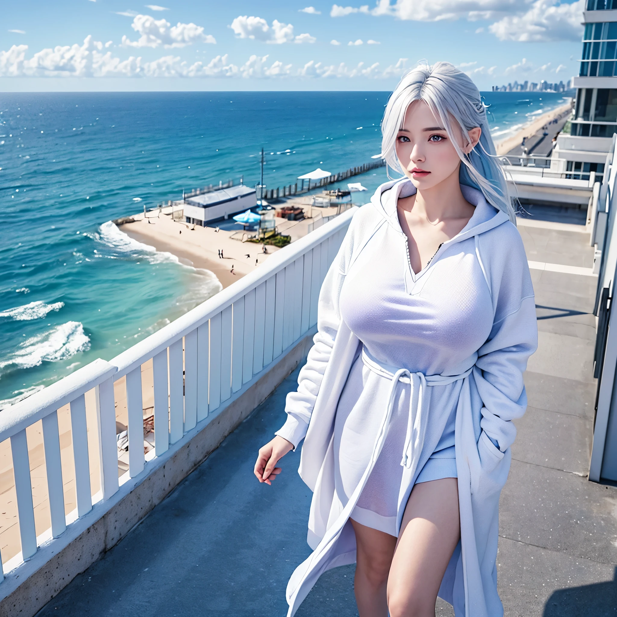 a woman wearing a long white cold sweatshirt with faint blue details, white hair with blue strands, purple eyes, walking on a platform with a view of the sea and buildings, blue sky with clouds, during the day, big breasts,,(woman solo)ultra resolution, very detailed, HDR, masterpiece, 8K hd
