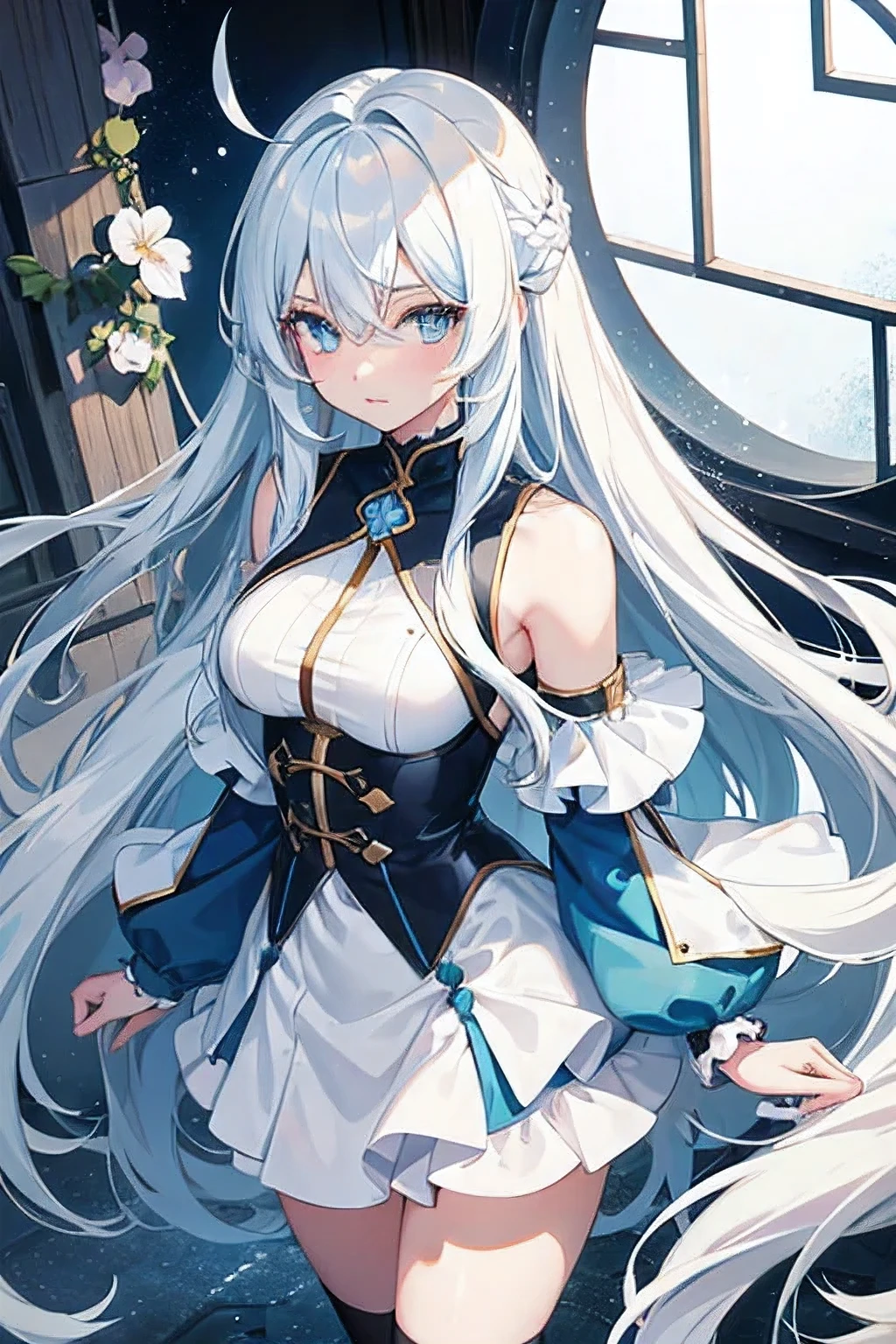 anime girl with long white hair, light blue eyes