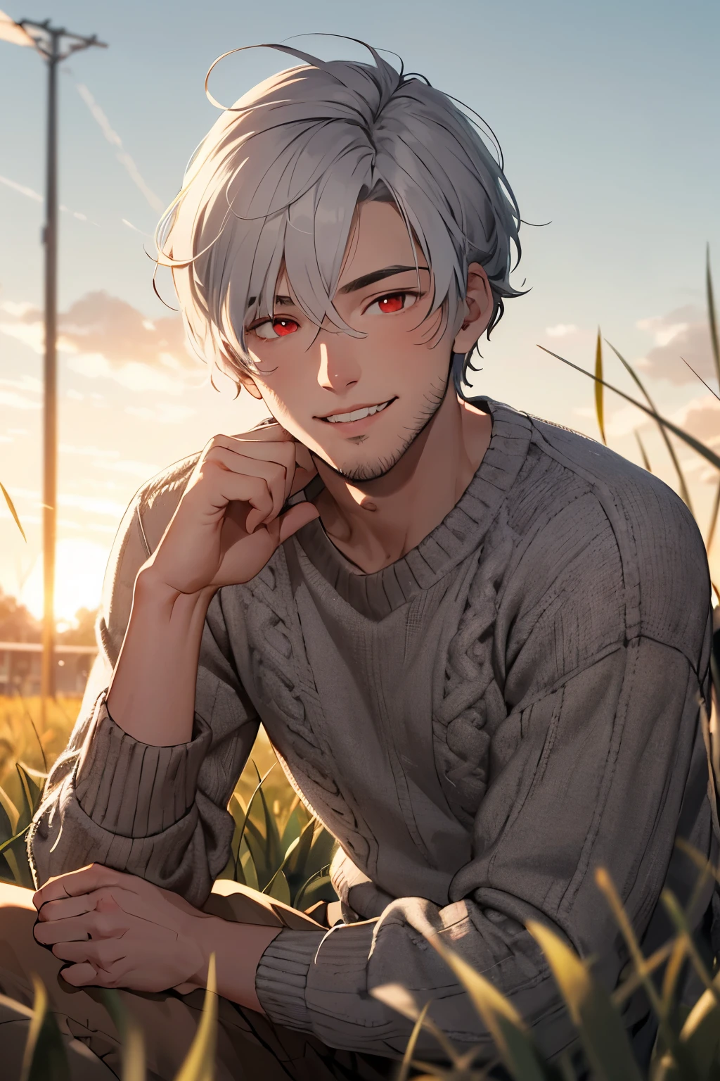 30 years old man with white hair and red eyes laying at a field in the sunset wearing a grey sweater. He is smiling