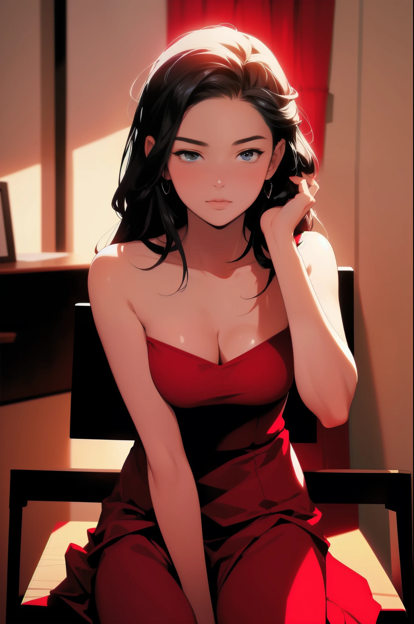 Young sexy woman wearing a red dress sitting on a chair, dim lighting, sexy, hot, lustful