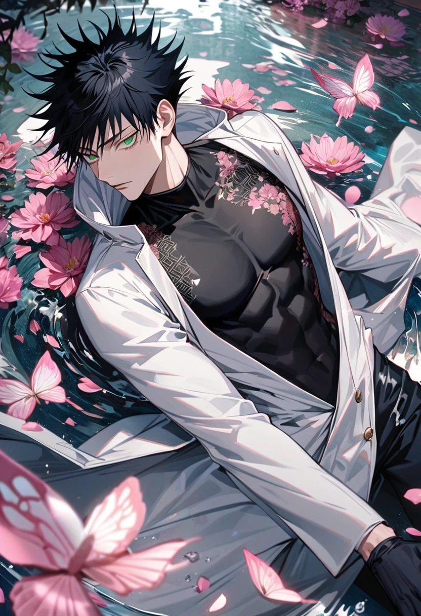 Ultra detailed, HDR, Highres, absurdres, master piece, Fushiguro Touji, black hair, expressive green eyes, without shirt, bare chest, toned chest, Jujutsu Kaisen, sexy man, handsome, flowers, petals, fantasy, magical, green leaves, handsome, best quality, glittering, sensual, horny, water, beach, solo, black shorts,