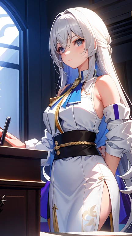 bronya, 1 chica, solo, ((Camisa blanca)), black muslos, senos, escote, uniform, oficina background, Falda negra, falda plisada, oficina, pelo entre los ojos, Pendiente morado, large senos, pelo largo, mirando al espectador, short silver nails, ojos grises, solo, muslos, muslos, very pelo largo, ((Obra maestra)), Session, silla, escritorio, computer on escritorio, etiqueta de nombre, id tag, interior, rubor, pose sexy, hands behind,