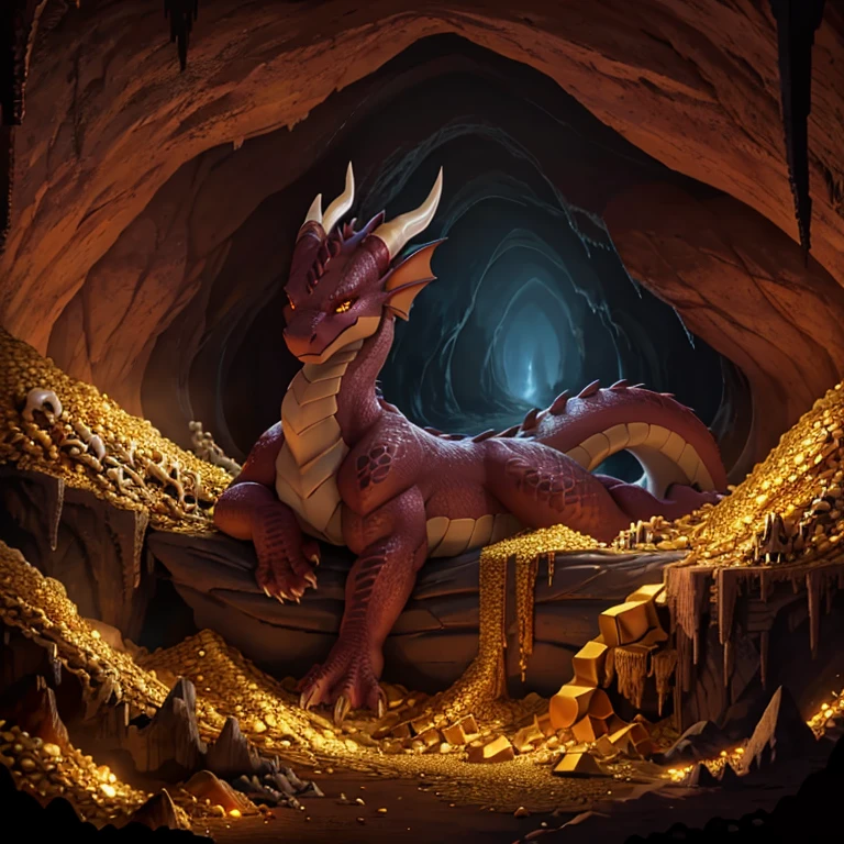 Female, large, fierce dragon, wearing golden jewelry, lounging on top of dragon hoard, cave filled with piles of treasure and bones, dark cave, underground, lit from below, maroon scales shimmering in dark, eyes glowing in dark, intimidating, muscular