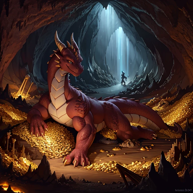 Female, large, fierce dragon, wearing golden jewelry, lounging on top of dragon hoard, cave filled with piles of treasure and bones, dark cave, underground, lit from below, maroon scales shimmering in dark, eyes glowing in dark, intimidating, muscular