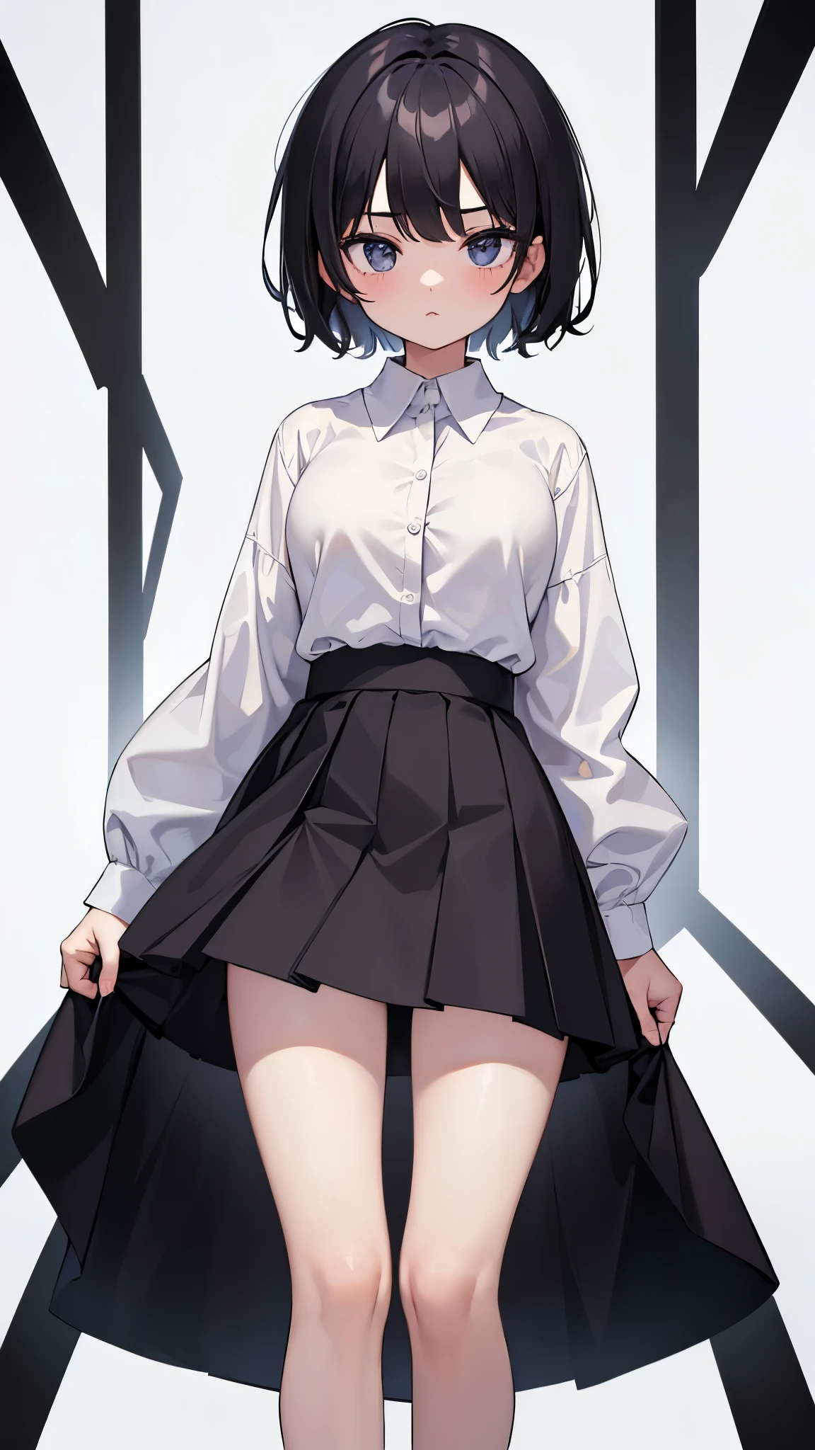 (masterpiece, best quality), 1girl, solo, emaciated, small breast, kawaii, expressionless, black short hair, thin eyebows, black cardigan, long sleeves, plkirt, boots, full body, standing, looking at viewer