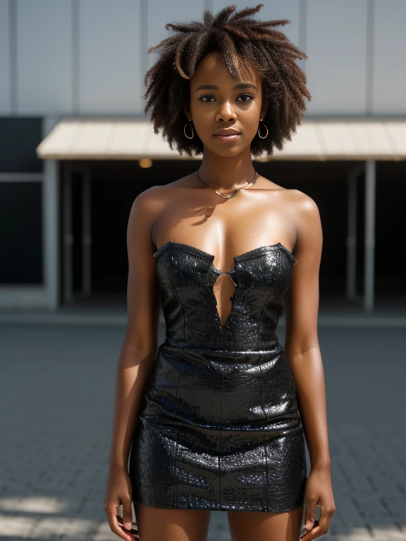 African woman, short dress, posing, black clothing, full body, detailed background, ultradetailed, HD, 8K, highlights, good lighting, ((art by Emmanuelle Moureaux and (Wangechi Mutu:1.1))), nostalgia , Professional high detail photography, detailed skin, textured skin, skin pores, skin details, ((detailed pupils)), high details, photorealistic, sharp focus, nikon d7500 24mm, f/1.4, ISO 100, 1/ 1600s, UHD 64k, RAW, unedited photography, depth of field, bokeh, dramatic