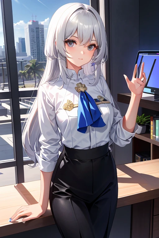 bronya, 1 chica, solo, ((Camisa blanca)), black muslos, senos, escote, uniform, oficina background, Falda negra, falda plisada, oficina, pelo entre los ojos, Pendiente morado, large senos, pelo largo, mirando al espectador, short silver nails, ojos grises, solo, muslos, muslos, very pelo largo, ((Obra maestra)), Session, silla, escritorio, computer on escritorio, etiqueta de nombre, id tag, interior, rubor, pose sexy, hands behind,