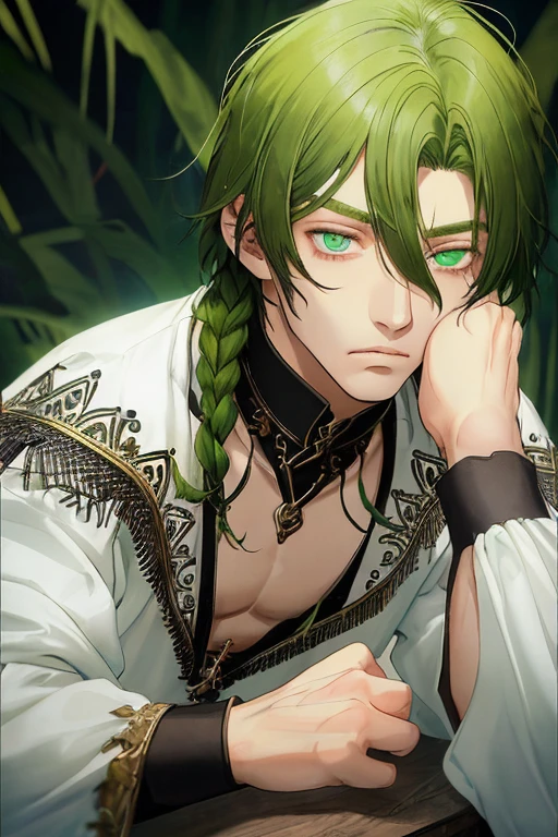 hombre joven de cabello blanco lacio largo con flequillo recto, piel blanca, ojos rasgados y de color verde esmeralda. Rostro bello y delicado
(cabello largo hasta la cadera)
(ojos aun mas verdes)
Cabello blanco