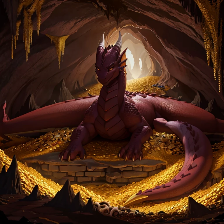 Female, large, fierce dragon, wearing golden jewelry, laying splayed out, lounging on top of dragon hoard, cave filled with piles of treasure and bones, dark cave, underground, lit from below, maroon scales shimmering in dark, eyes glowing in dark, intimidating, muscular