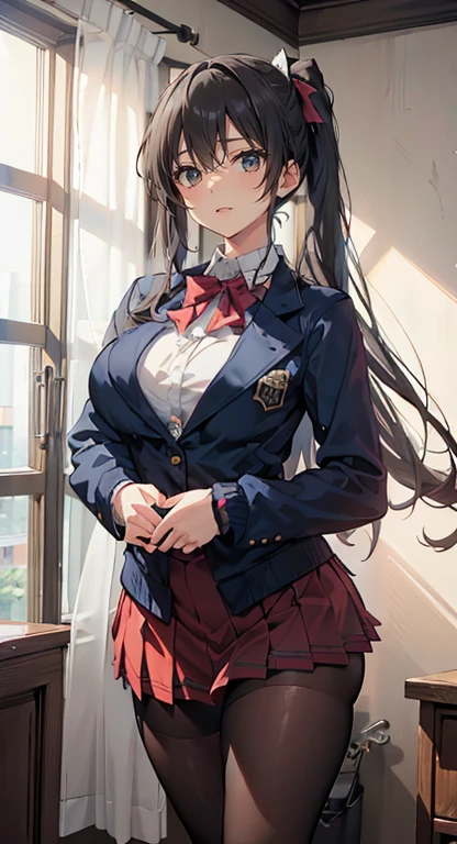 (Best quality,4K,8K,A high resolution,tmasterpiece:1.2),ultra - detailed,(actual,realistically,realistically:1.37),Ultra HD face, HighDynamicRange,hyper HD,Studio lighting,Ultra-fine painting,Focus sharp,physically-based renderingt,Extremely detailed description,professional,terror,japanese manga,sci-fy,photography,Concept artist, (RAW photogr:1.2),(realistically:1.4),(tmasterpiece:1.3),(Best quality at best:1.4),超A high resolution,(Detailed eyes),(detailedfacialfeatures),(Detailed clothing features),HighDynamicRange,8K resolution,Just focus,looking at viewert,(through bangs:1.1),like a dream,(extreme detail drawing),1 busty girl,solo,Cute big breasts,Innocent,(ssmile),Full body lesbian,Black double ponytail,luring,Comey_schools,Blue blazer,Blue striped red pleated skirt,black pantyhoses,Close-up cleavage, Colossal , Crazy breast swelling, Chest larger than shoulder blades, Slimming the waist, White skin of the, Pelvis larger than shoulder blades, Fitness model, Ruddy cheeks, sweaty, A smile, Standing in the corridor of campus
