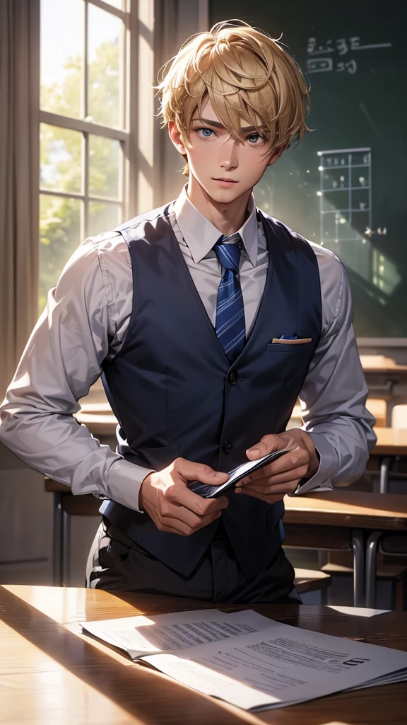 (best quality,4k,8k,highres,masterpiece:1.2),ultra-detailed,(realistic,photorealistic,photo-realistic:1.37),portraits,sharp focus
A man with short straight blonde hair and bangs is sitting at a desk. He is looking forward with a strong and determined expression on his face. His eyes are vibrant and captivating, reflecting his inner confidence. The man, named Anton, is a handsome young man who is 18 years old.
He is wearing a blue and white , which is neatly ironed and perfectly fits his well-built physique. The uniform adds a touch of formality to the scene, emphasizing his dedication to his studies and commitment to his education.
The lighting in the room is soft, casting a warm glow on Anton's face. The details of his hair, skin, and facial features are meticulously captured, showcasing the ultra-detailed and realistic nature of the artwork. Every strand of hair is visible and the texture of his skin is lifelike.
The background consists of a simple classroom setting, with a chalkboard behind Anton. The chalkboard is filled with equations and diagrams, representing his academic pursuits. The vibrant colors of the classroom create a visually engaging scene, further enhancing the overall composition.
The artwork is rendered in a portrait style, focusing on capturing the essence of Anton's character and personality. The artist has utilized sharp focus to emphasize the intricate details of the artwork, resulting in a breathtaking masterpiece.
Overall, the prompt portrays a high-quality and realistic portrait of Anton, emphasizing his determination and dedication to his education.