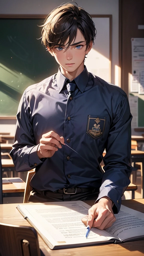 (best quality,4k,8k,highres,masterpiece:1.2),ultra-detailed,(realistic,photorealistic,photo-realistic:1.37),portraits,sharp focus
A man with short straight blonde hair and bangs is sitting at a desk. He is looking forward with a strong and determined expression on his face. His eyes are vibrant and captivating, reflecting his inner confidence. The man, named Anton, is a handsome young man who is 18 years old.
He is wearing a blue and white , which is neatly ironed and perfectly fits his well-built physique. The uniform adds a touch of formality to the scene, emphasizing his dedication to his studies and commitment to his education.
The lighting in the room is soft, casting a warm glow on Anton's face. The details of his hair, skin, and facial features are meticulously captured, showcasing the ultra-detailed and realistic nature of the artwork. Every strand of hair is visible and the texture of his skin is lifelike.
The background consists of a simple classroom setting, with a chalkboard behind Anton. The chalkboard is filled with equations and diagrams, representing his academic pursuits. The vibrant colors of the classroom create a visually engaging scene, further enhancing the overall composition.
The artwork is rendered in a portrait style, focusing on capturing the essence of Anton's character and personality. The artist has utilized sharp focus to emphasize the intricate details of the artwork, resulting in a breathtaking masterpiece.
Overall, the prompt portrays a high-quality and realistic portrait of Anton, emphasizing his determination and dedication to his education.