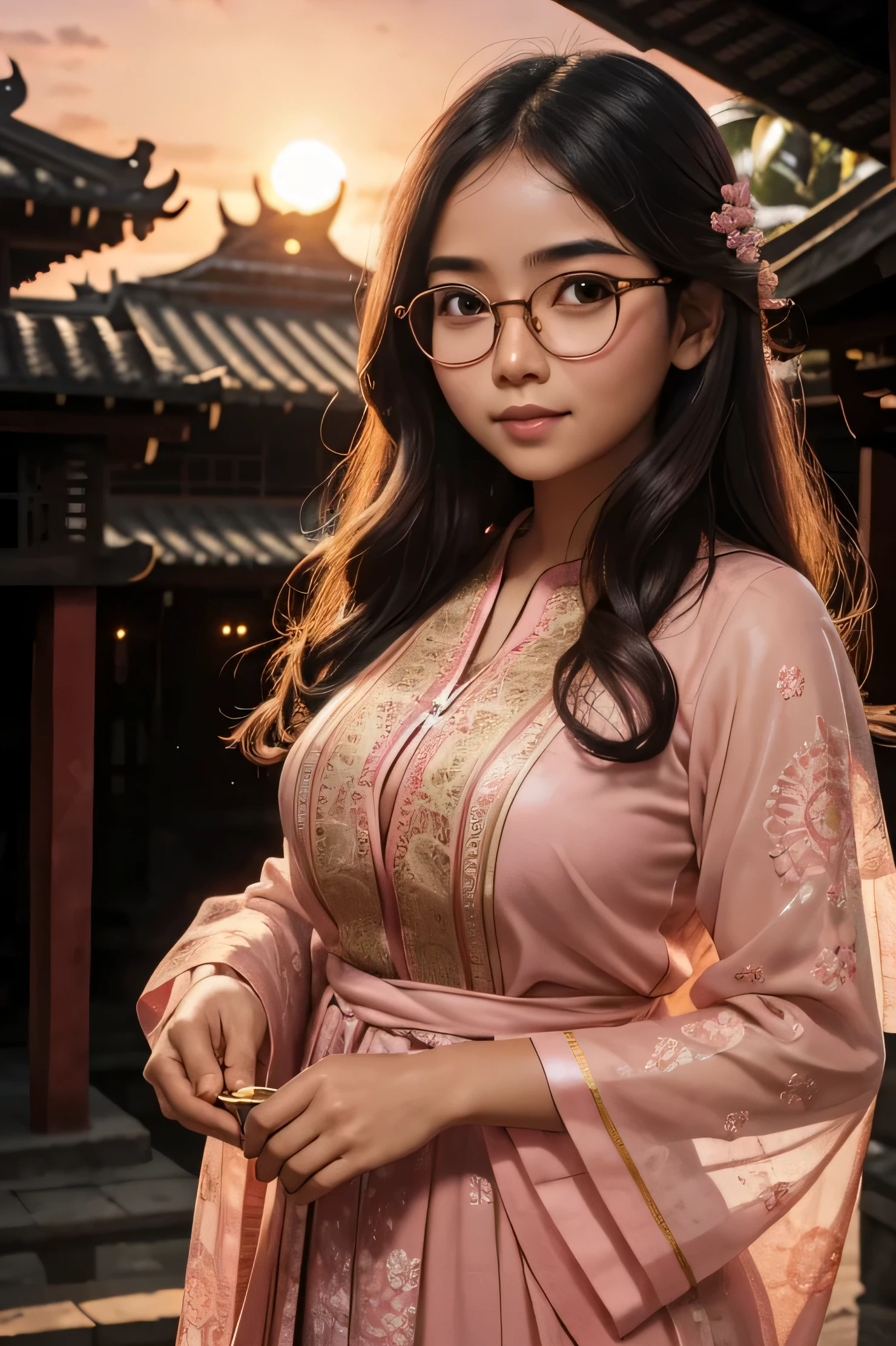 detailed face . 25 year old Indonesian girl with a sweet face, big round face and long brown wavy hair, round glasses, wearing a long pink kebaya with full patern in front of an incense arrangement at a Balinese temple at sunset with the sunset in the background