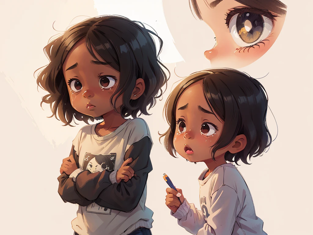 Crying girl, black girl, Sketch style design,Children's illustration style,Pencil and watercolor effects,Realistic facial features,Natural soft light,Fine hair and clothes,gloomy colors,sad expressions,Fictional background,