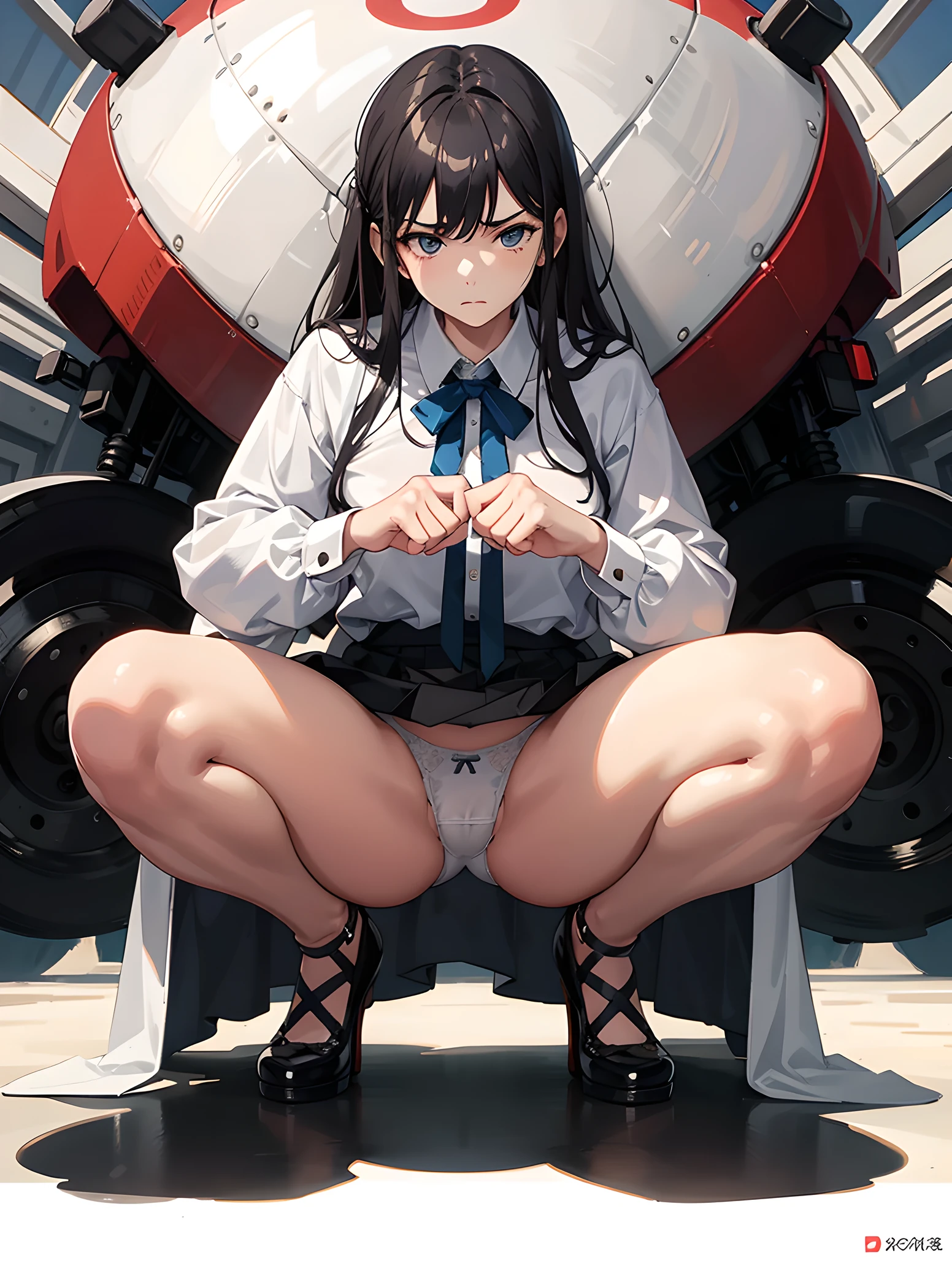 1girl, squatting, underwear Shot, spread legs, bad mood, (((best quality))), ((ultra-detailed)), (illustration), ((an extremely delicate and beautiful)),