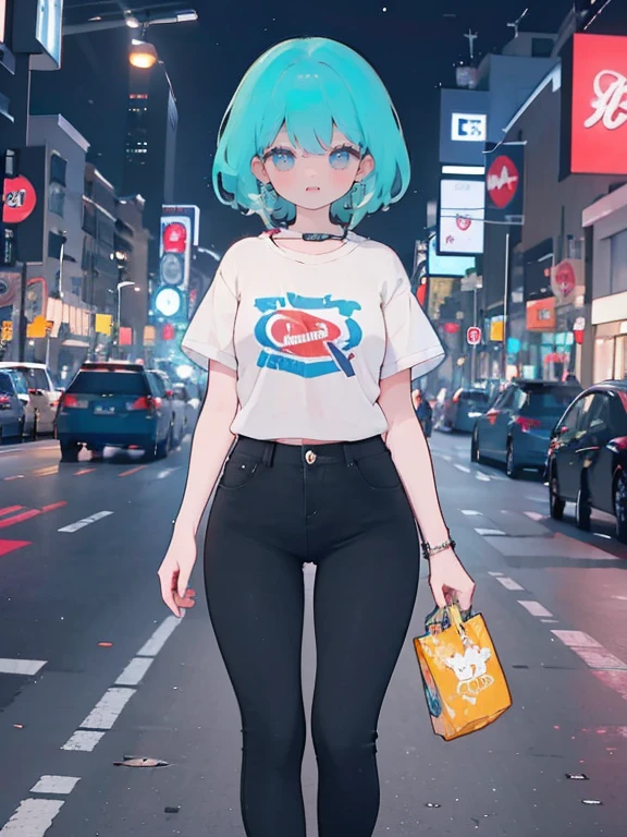 mulher, (maduro:1.3), loiro, Cabelo longo, franja, cabelo sobre um olho, olhos verdes, Colar Cruz, brincos cruzados, sorriso estranho, Boca aberta, Camiseta preta, boné de baseball, Loose pants, andando, De baixo,
ao ar livre, Rua, cidade, noite, luzes de neon,