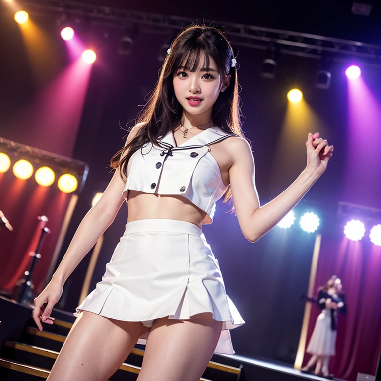 (highest quality、4k、8k、High resolution、Masterpiece: 1.2)、Super detailed、(Real、Photorealistic、Photorealistic: 1.37)、Beautiful detailed eyes、Beautiful detailed lips、highly detailed eyes and face、Long eyelashes、One girl、Top Idol、Shooting from below、under miniskirt、Panties exposed、An illustration、Sparkling、Transparent sailor suit and miniskirt made of latex、Exquisite setting、Sparklingライト、Warm color palette、Soft and diffuse lighting、Bright colors、The stage scene from the final performance of the Dome Tour、Dancing vigorously、Enthusiastic fans filling the venue