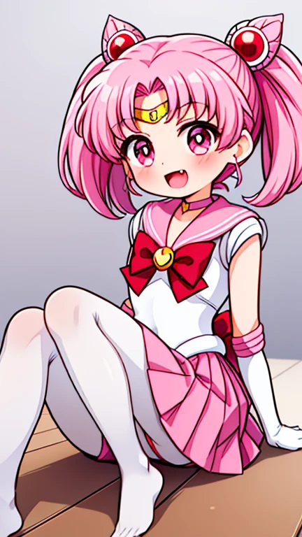Sailor Moon,young年,Seven years old,cute,(Little ),Pink hair twintails,short hair,Sailor Suit,Red bow,White elbow gloves,Red Skirt,No shoes,Open your mouth,laughing out loud,Fangs,(White pantyhose),soles of feet,Soles,(young),(little man),sit
