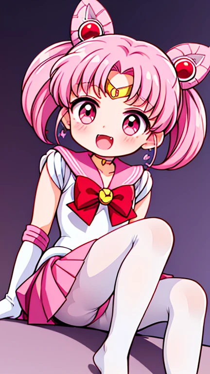 Sailor Moon，young年，，cute，（Little Loli），Pink hair twintails，short hair，Sailor Suit，Red bow，White elbow gloves，Red Skirt，No shoes，Open your mouth，laughing out loud，Fangs，(White pantyhose),soles of feet，Soles，(young)，(little man)，sit