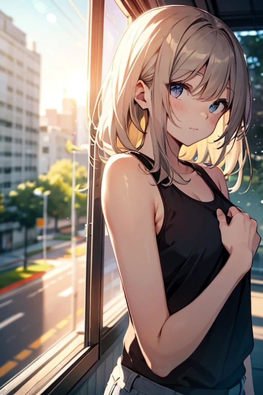 girl, 18-year-old, so beautiful, Tank top, (Out of the window: 1.1), (exterior: 1.1), From a third party, Shining summer sunshine, (Depth of written boundary, blurred background, Bokeh: 1.2)