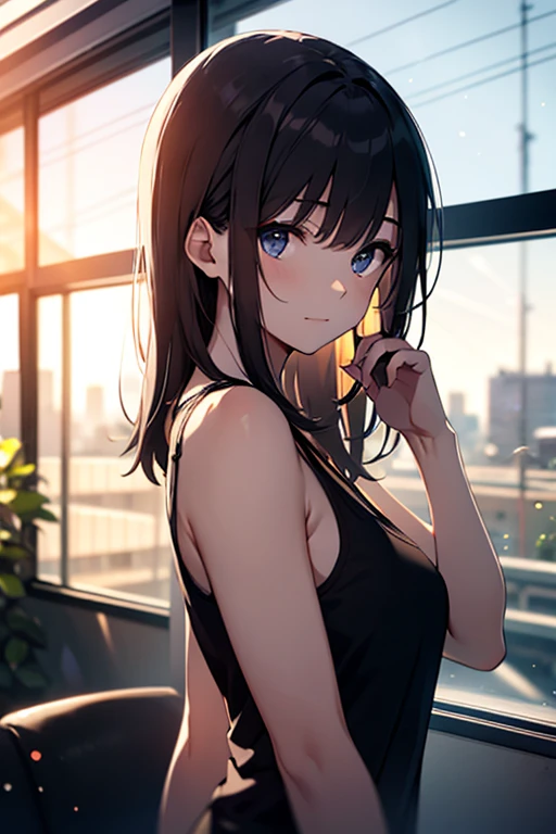 girl, 18-year-old, so beautiful, Tank top, (Out of the window: 1.1), (exterior: 1.1), From a third party, Shining summer sunshine, (Depth of written boundary, blurred background, Bokeh: 1.2)