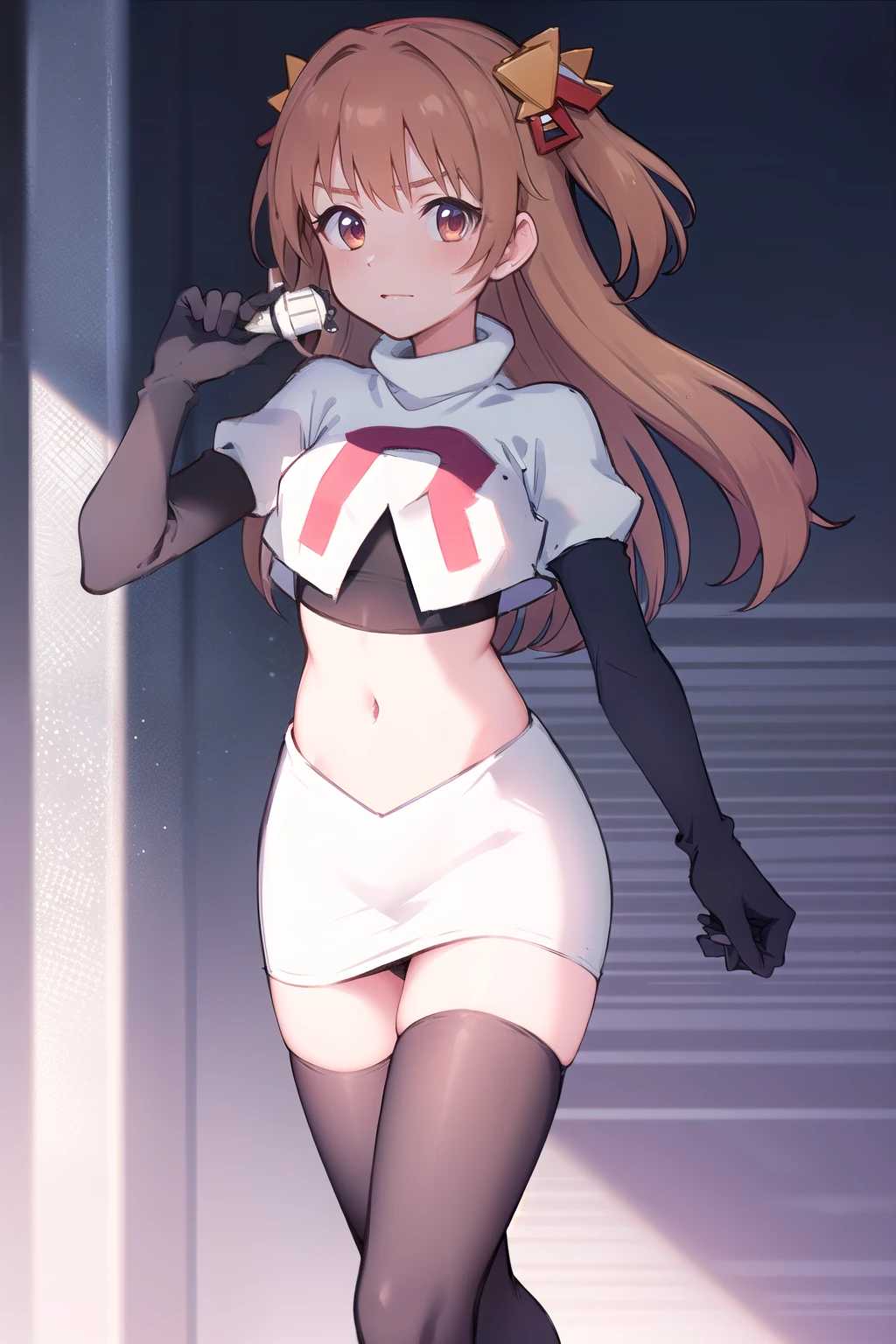 nozomi_routine,1girl, solo, long hair, two side up, holding, hair ornament, looking at viewer,yellow bow, hair ornament, team rocket,team rocket uniform,white skirt,red letter R,crop top,black thigh-highs,black elbow gloves