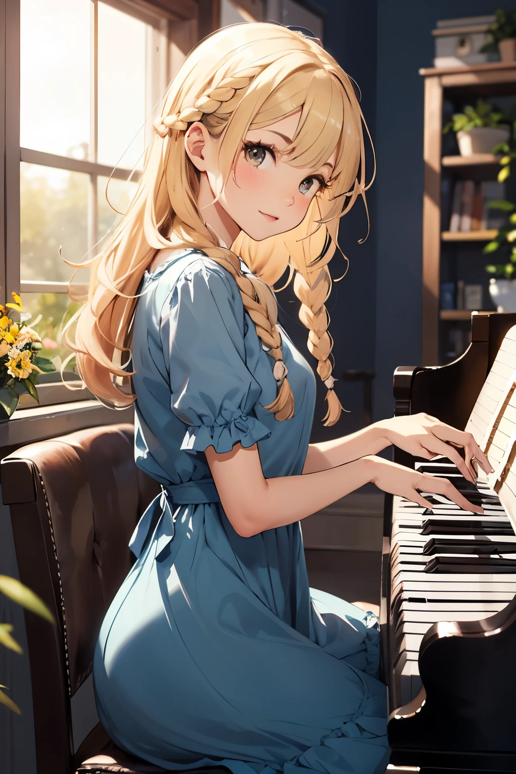 Blonde girl with curly long hair and brown eyes playing the piano at morning wearing a beautiful blue dress. She has flowers and braids in her hair